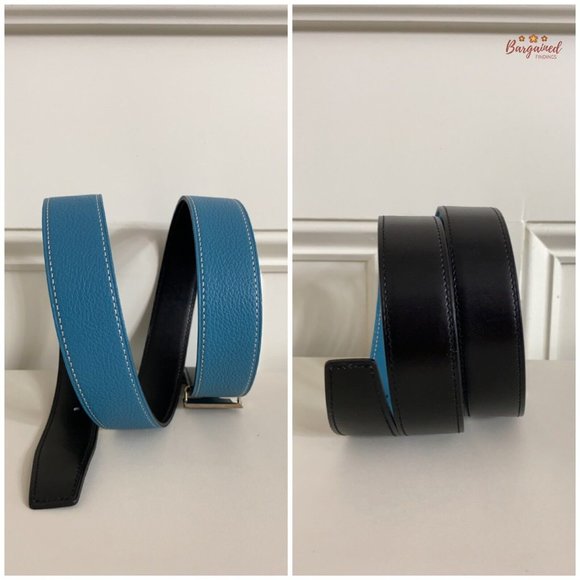 Authentic HERMES Black Smooth & Blue Pebbled Leather H Black Reversible Belt 85 main image 4